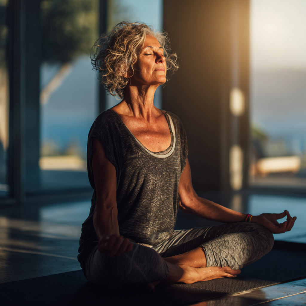 50 years old person experiencing tranquility and balance through yoga practice